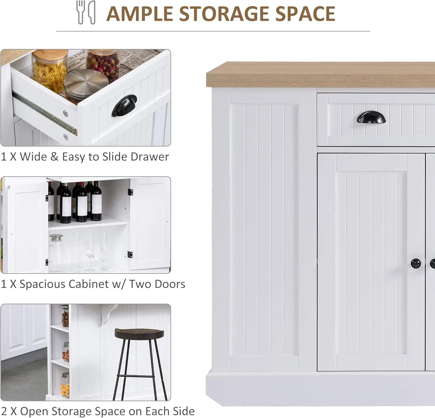 Storage Cabinet w/Drawer, Open Shelving, and Interior Shelving for Dining Room, White