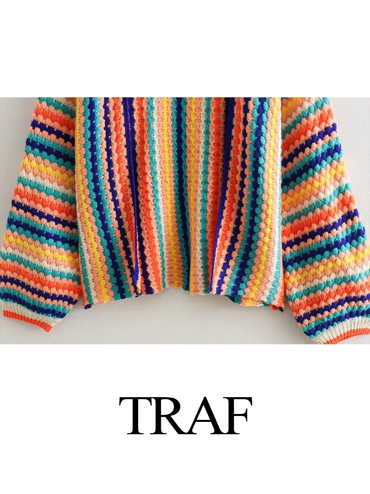 TRAF Autumn Fashion Women Streetwear Crochet Striped Knit Open Stitch Colorful Sweater Vintage Loose Long Sleeve Cardigans