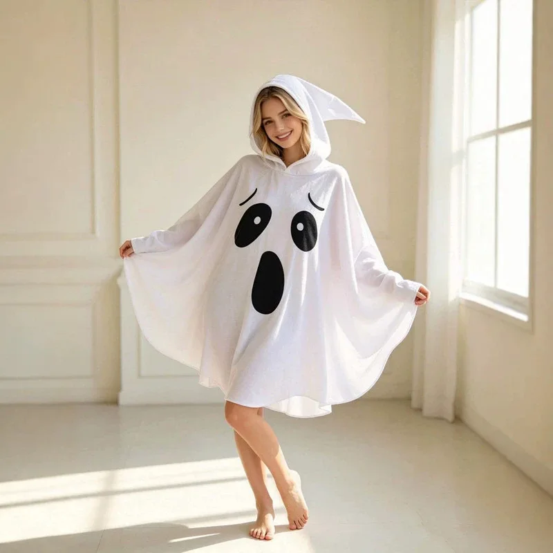 White Halloween Cloak Hooded Cape Black Eye Trick-or-Treat Spooky Pumpkin Cloak Smock Style with Hat Ghost Poncho Robe Women