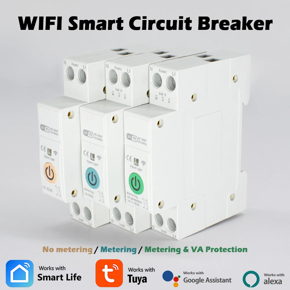 Tuya WIFI Smart Circuit Breaker 1P 63A Power Metering Energy Meter DIN Rail Wireless Remote Control Smart Switch Alexa Work