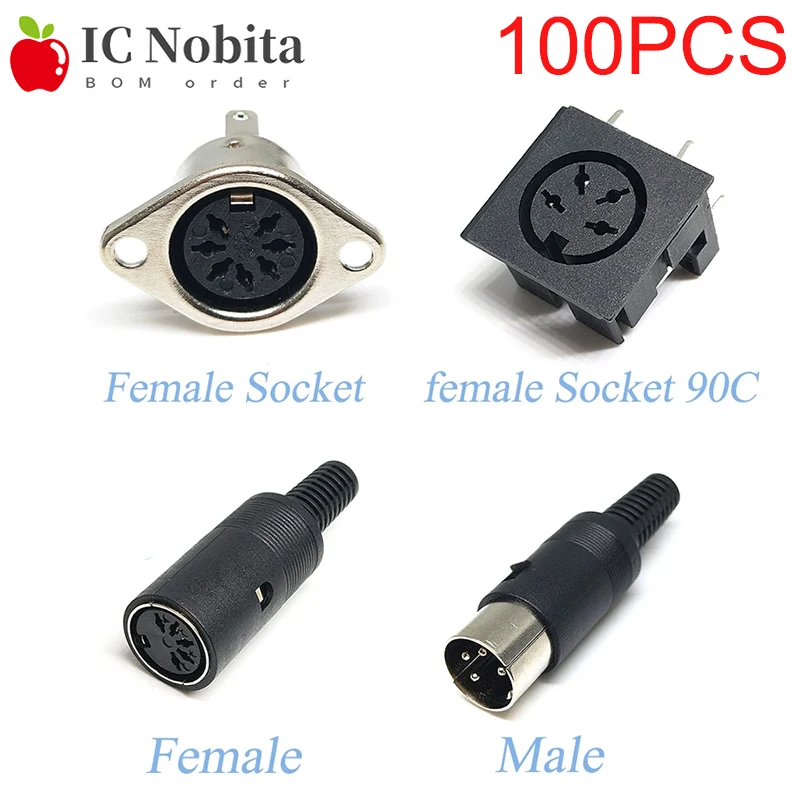100PCS Solder Connector DIN 3 4 5 6 7 8 Pin DIN Male Female Plug with Plastic Handle + Female Socket Hulled Panel Mount Chassis