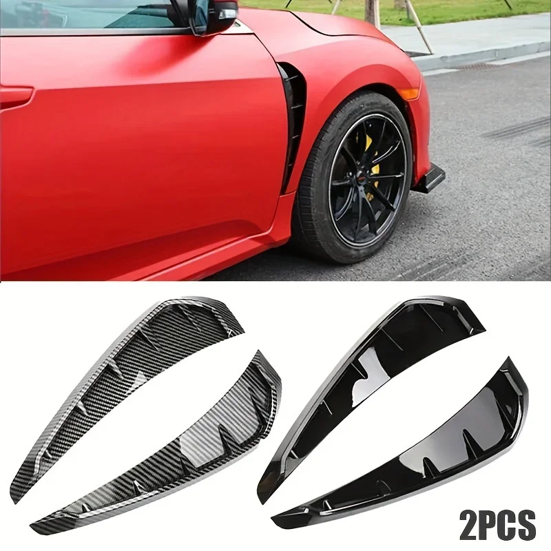 1 pair of car fender side stickers with simulated shark gills, fake side air vents, carbon fiber universal side blade engine hoo