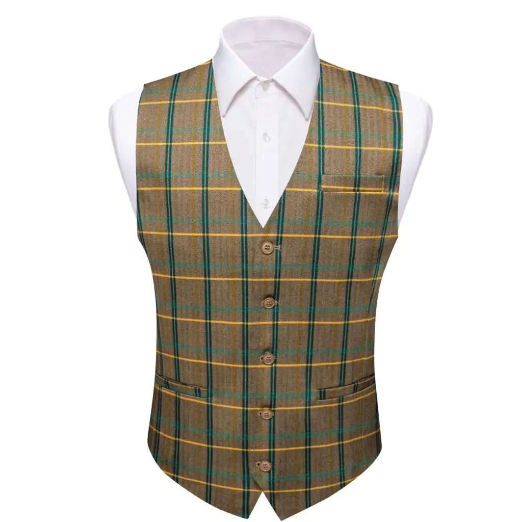 

Vest for Men Brown Green Yellow Plaid Waistocat Sleeveless Jacket Wedding Business Formal Male Coat Casual Barry Wang