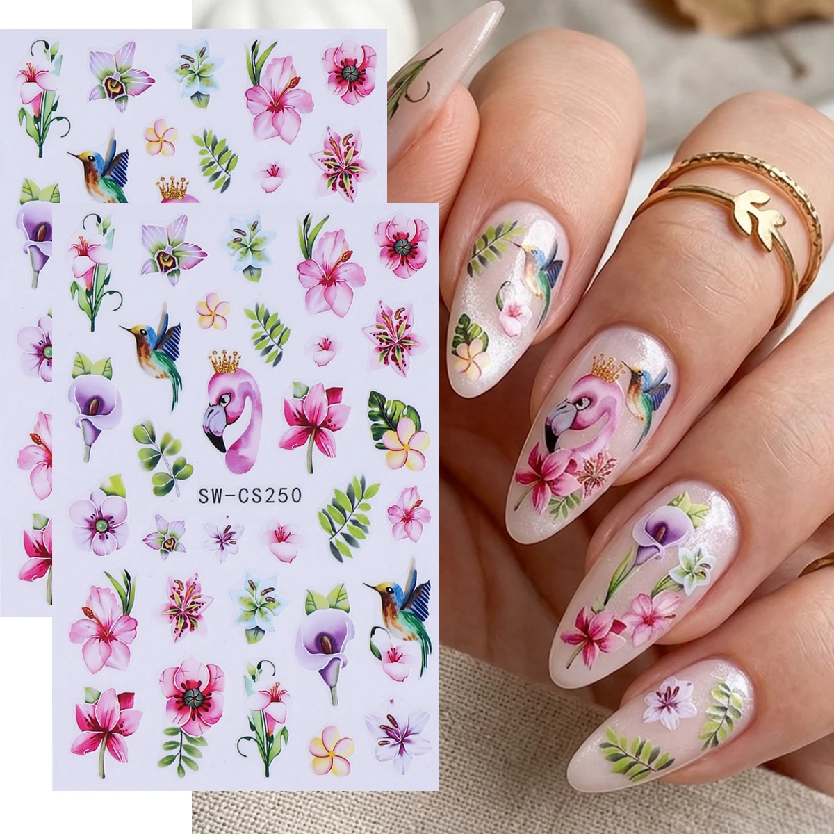 2pcs Tropical Flowers Flamingos Nail Art Stickers Purple Orchid Rose Tulips Floral Nail Decals DIY Vacation Manicure Decorations