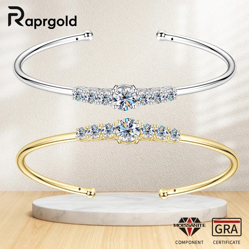 

RAPRGOLD 6.5mm Round Cut Moissanite Open Bracelet Cuff for Women Girl Real 925 Sterling Silver Wedding Fine Jewelry Gifts Bangle