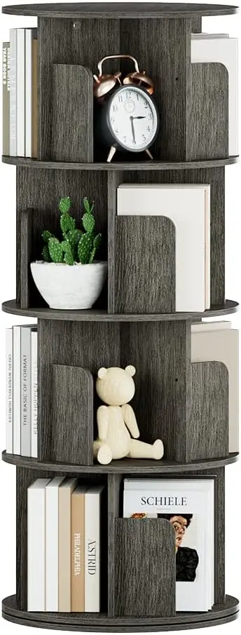 360 ° رف كتب خشبي دوار، تخزين زاوية من 4 طبقات لغرفة الأطفال، الدراسة، غرفة النوم من خشب البلوط الأسود #1