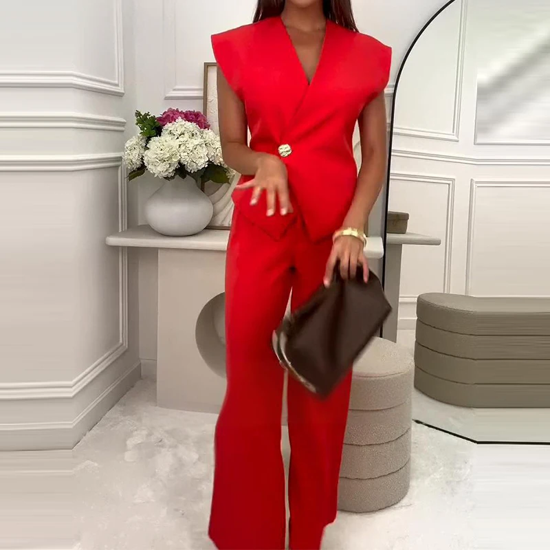 

2025 Sexy V-neck Tops & Long Pants Sets Fashion Commuter Sleeveless Buttons Solid 2Pc Outfits Women's Elegant Temperament Suits
