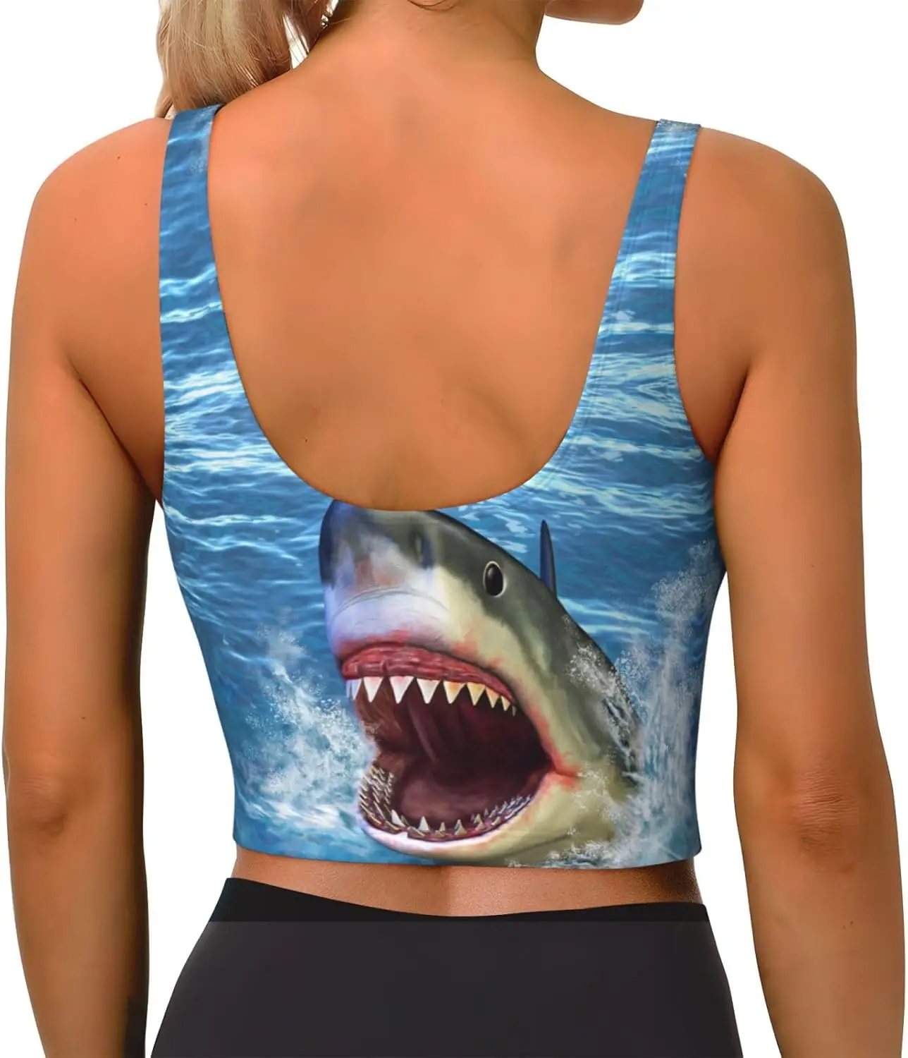 Funny Shark Women Sports Bras Yoga Crop Tank Tops U Back Fitness Exercise Workout Top Removable Pads Athletic