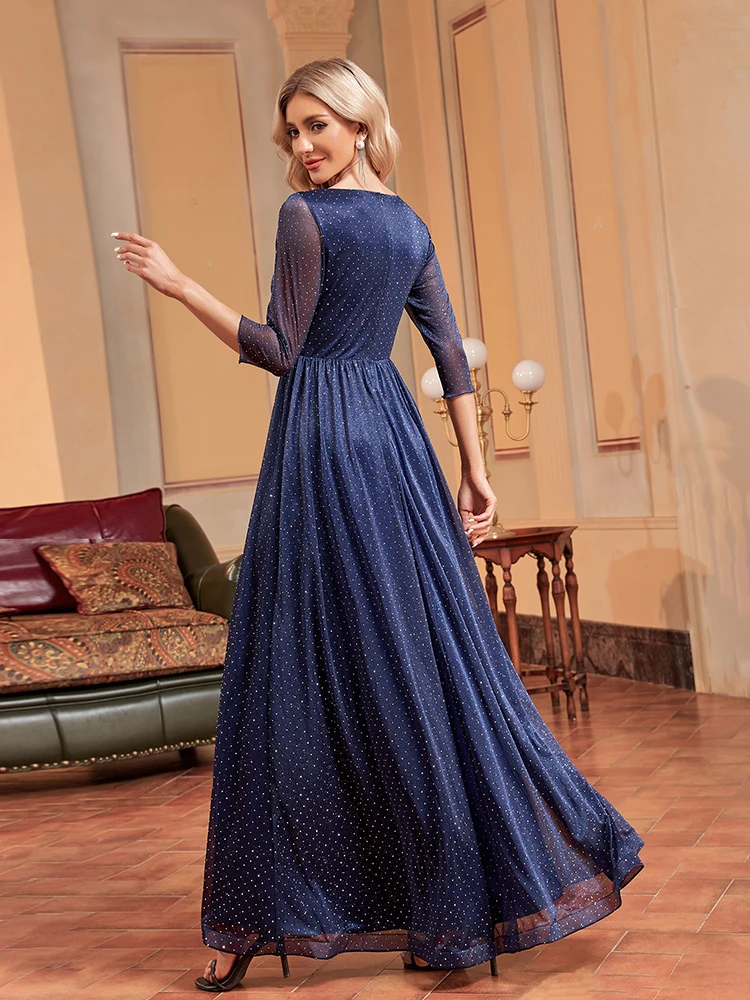 Lucyinlove Elegant V-Neck Long Sleeves Blue Evening Dress Women 2024 Luxury Party Prom Maxi Cocktail Dresses Vestidos Gowns