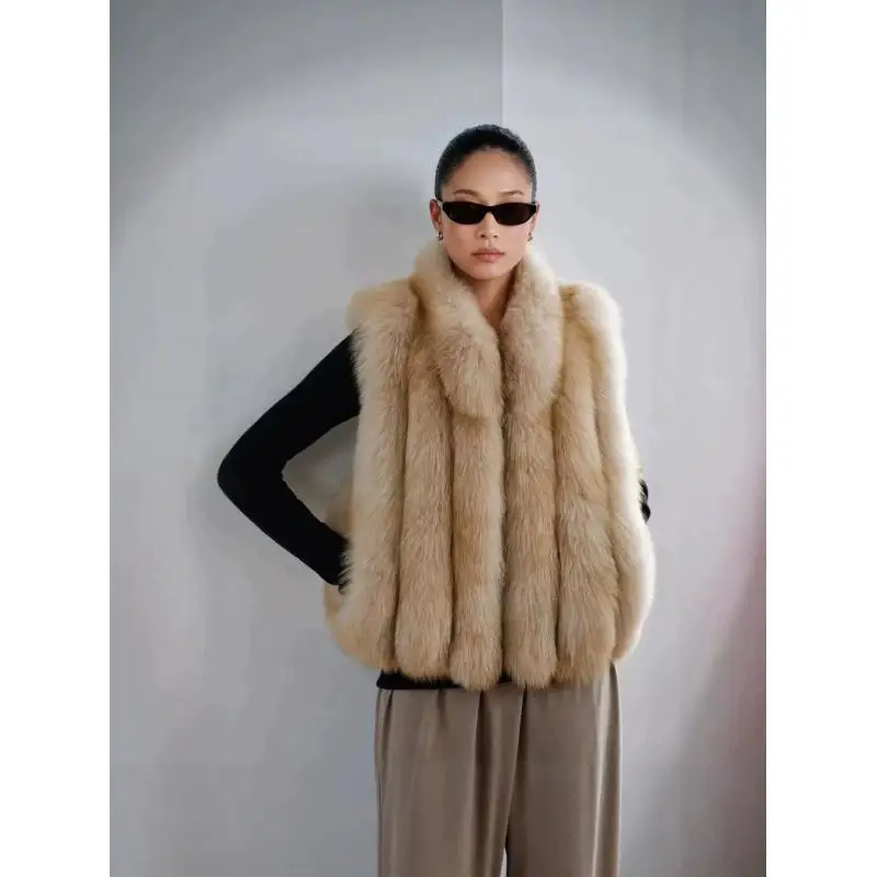 Women Faux Fox Fur Vest Winter Sleeveless Stand Collar Fluffy Waistcoat Elegant Thick Warm Luxury Fur Gilet Outerwear