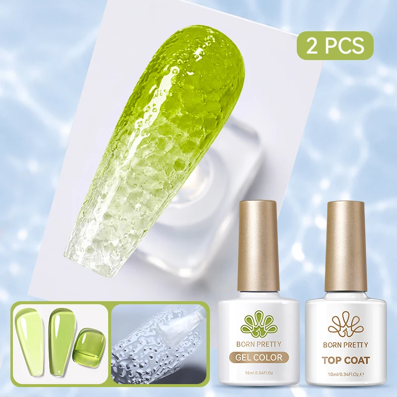 BORN PRETTY 2-teiliges Sommer-Set mit Transparentem Nagelgel und Wasserwellen-Top-Coat, Ohne Abwischen, Abziehbarer Jelly-Gel-Lack