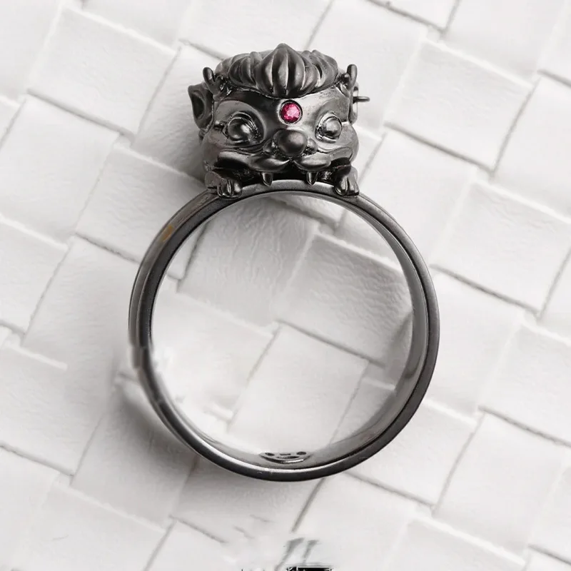 Shan Hai Jing Series Cute Beast Kirin Ring Vintage Gun Black Set with Red Zircon Stone Ring Unisex Chinese Style Open Ring Gift