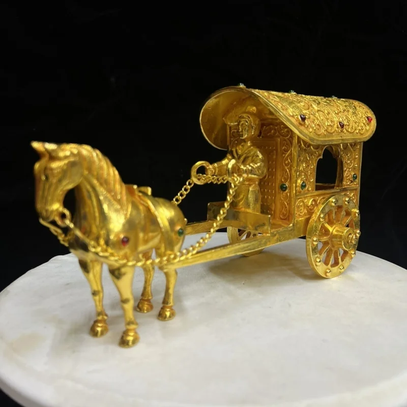 Juego de carruaje dibujado de caballos chapado en oro tallado con piedras preciosas con incrustaciones doradas Vintage, adorno artesanal de estilo antiguo fino hecho a mano puro