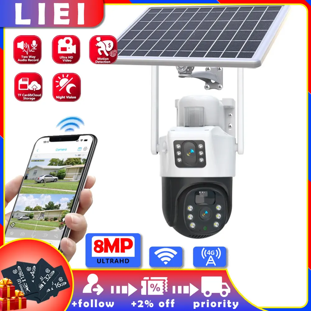 

LIEI WIFI Security 4K 8MP 4G Dual Lens PTZ Solar Camera Dual Screens PIR Human Tracking Outdoor Surveillance IP Camera CCTV