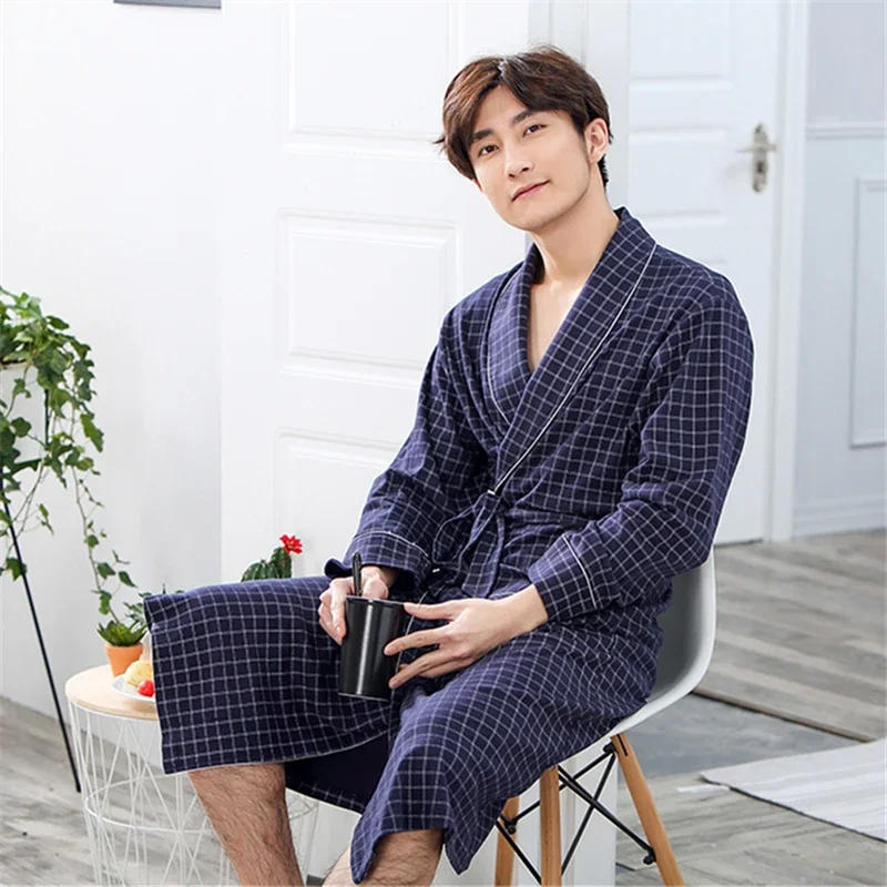 2024 Spring Autumn Bathrobe Men Cotton Sleepwear Top Kimono Robes For Male Plaid Robes Long Bath Robe Bride Robe Dressing Gown