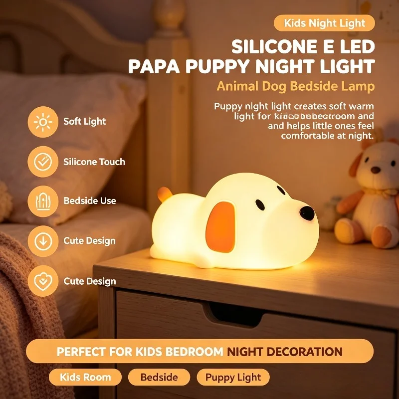 LED Puppy Lamp Silicone Dog Touch Children Bedroom Birthday Present Holiday Gift Decor for Boys Girls Kids Room Decoration