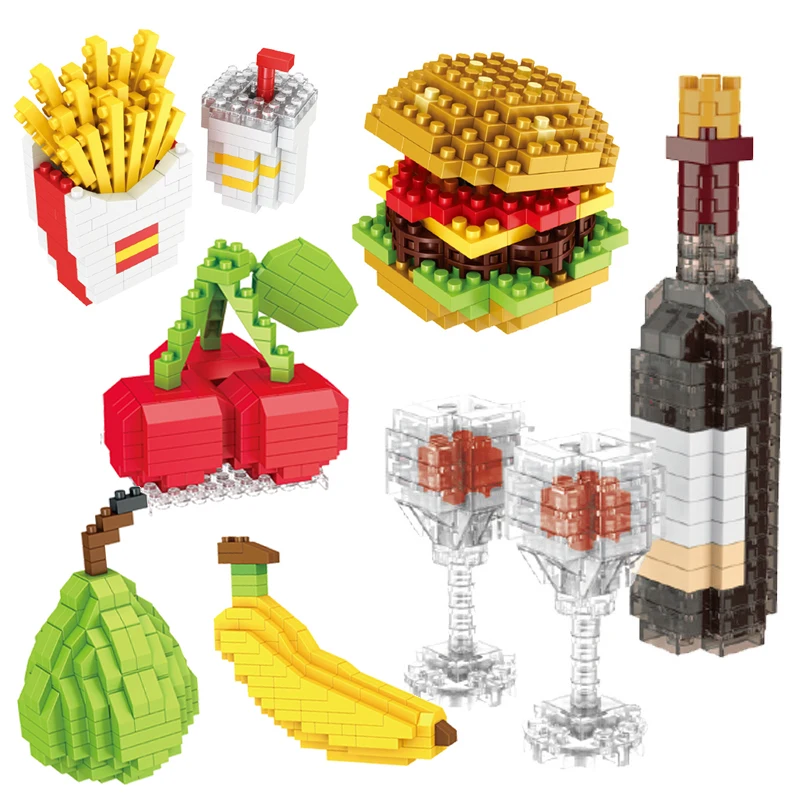 Bloques de construcción 3D para niños y niñas, juguete de ensamblaje de Mini comida rápida, fruta, vino, hamburguesa, patatas fritas, pastel de