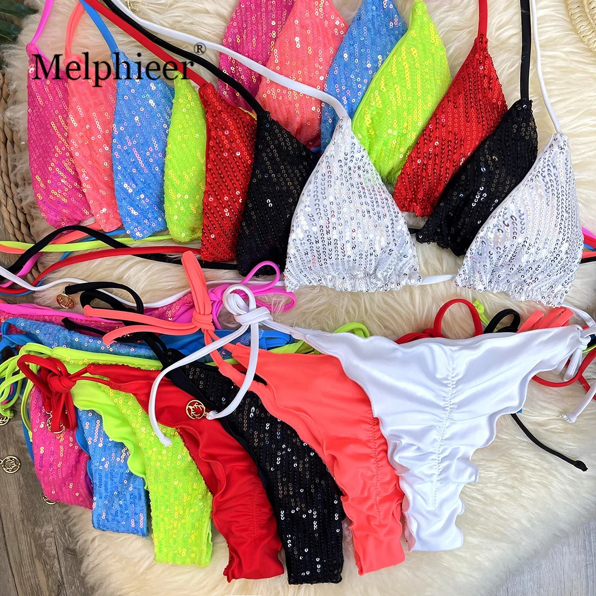 Conjunto de Bikini con lentejuelas brillantes para mujer, traje de baño de dos piezas con purpurina para vacaciones en la playa, verano 2025, trajes de baño Scrunch Bum