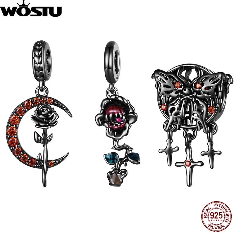 

WOSTU 925 Sterling Silver Halloween Skull Black Gold Moon Charm Rose Hanging Bead Fit Original Bracelet Dangle DIY Jewelry Makin