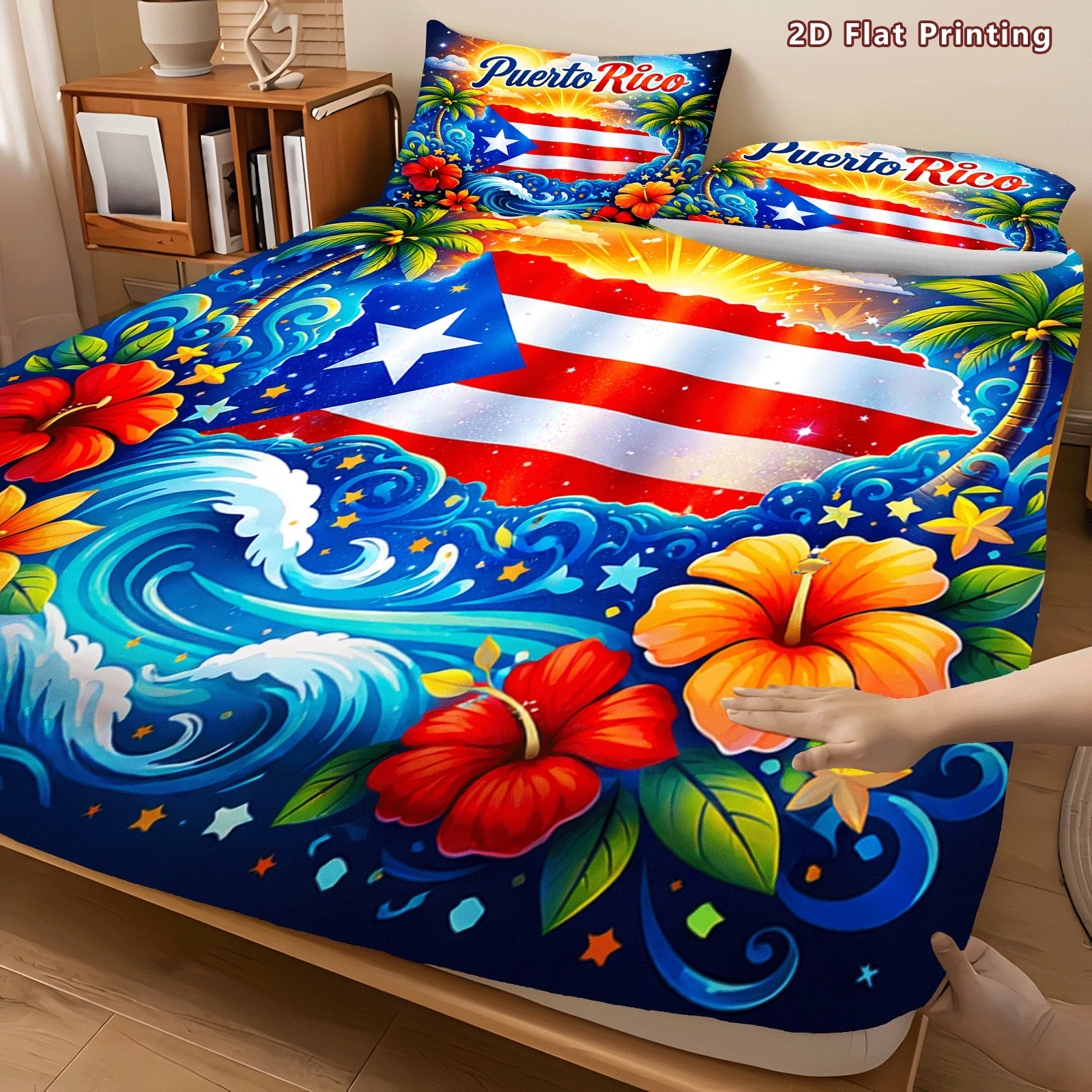 2D digital print three-piece bedding set (includes 1 fitted sheet + 2 pillowcases) mattress protector, fitted sheet style with elastic edges, protective cover, mattress protector, fitted sheet style bedding, tropical floral and wave print fitted sheet set