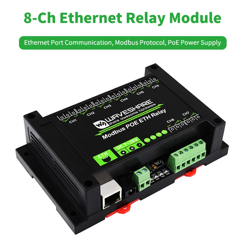 

8-Ch Ethernet Relay Module Ethernet Port Communication Modbus Protocol PoE Power Supply ABS Rail-Mount Case Isolation Circuits