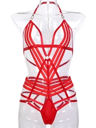 Ropa interior ajustada cruzada con cuello de vendaje rojo para mujer, cadena trasera europea y americana, ahuecada, ropa interior sexy de una pieza