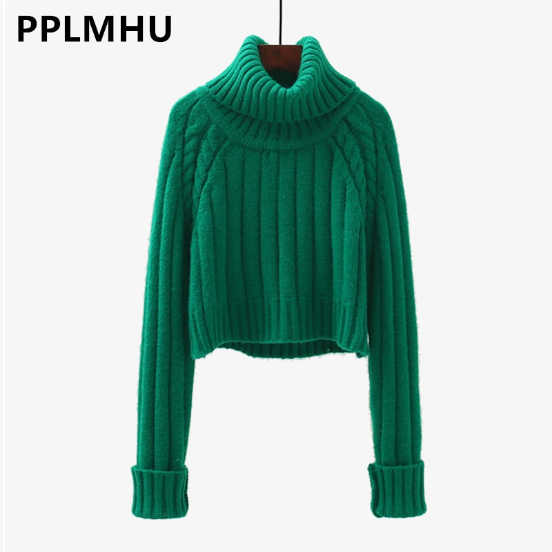 Green Cropped Sweater Winter Turtleneck Bottoming Pullover Tops Casual Long Sleeve Knitted Warm Jumper Korean Soft Sueters New