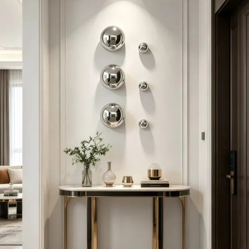 Metal Wall Art Stainless Steel Sphere Wall Decor 3D Mirror Abstract Ball Decor Modern Living Room Wall-mounted Room Ornaments