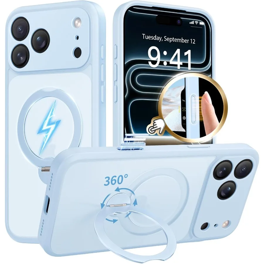 

360 Spin Magnetic Stand for iPhone 17 Pro Case with MagSafe Compatibility Full Camera Protection and 16FT Military Drop Resista