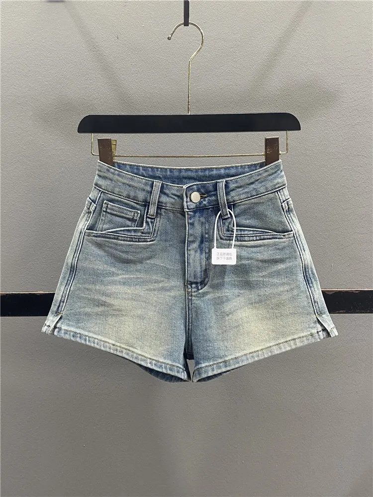 

American Retro High Waist Slit Denim Shorts Women's Spring Summer Slimming Sexy Wide Leg Hot Pants Casual Cotton Stretch Denim