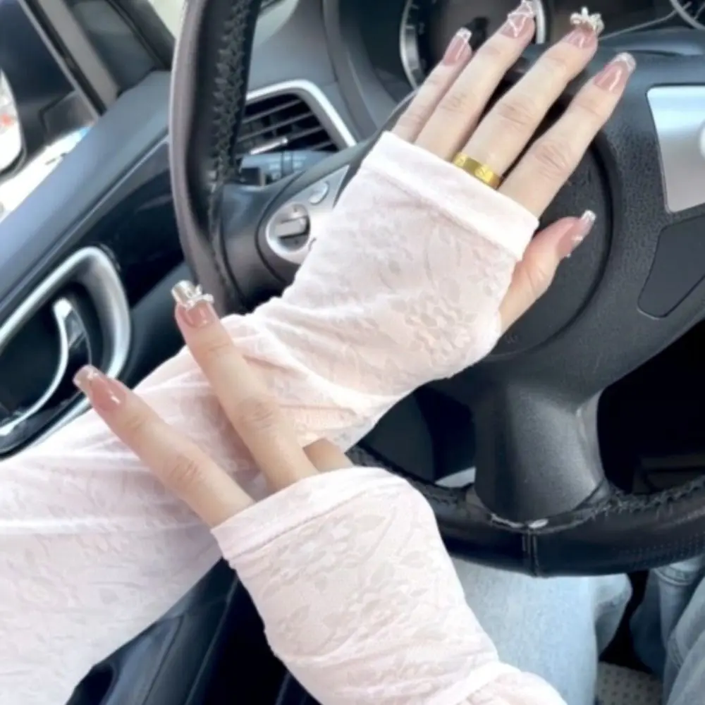 ยืดหยุ่นบางลูกไม้ผ้าไหมน้ําแข็งแขน Anti-UV Sun Protection ครีมกันแดดแขนยาวดอกไม้ถุงมือขี่จักรยานผู้หญิง