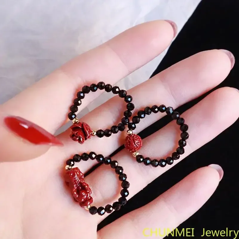 Cincin Wanita Cinnabar alami, cincin wanita Cinnabar ukiran tangan merah, kristal dapat disesuaikan