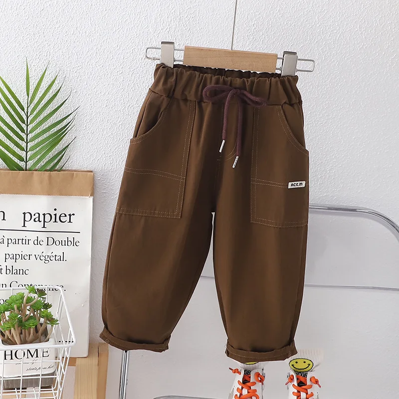 2024 Spring Autumn Kids Boys Pants Cotton Pocket Loose Solid Stretch Drawstring Toddler Boys Pants Children Boys Pants