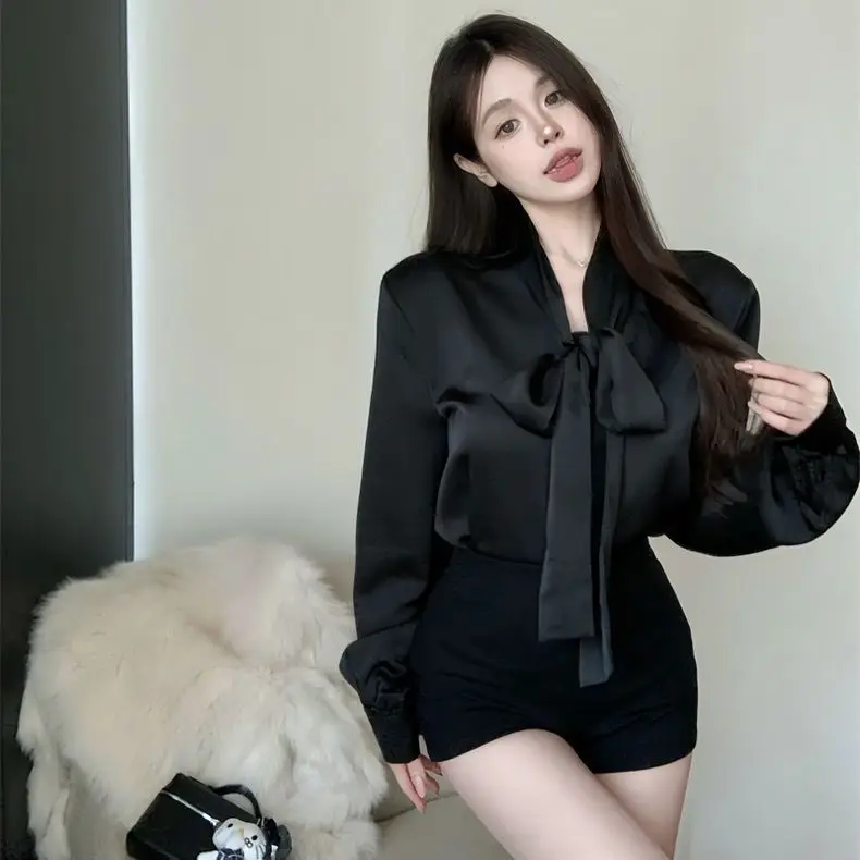 

Fashionable Streamers Gentle Bows Double-sided Satin Shirts Professional Commuting Inner Wear Long-sleeved Tops for Women
