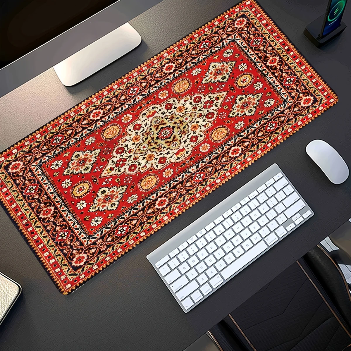 Persian Style Bohemian Large Mouse Pad Rubber Keyboard Desk Mat with Non-Slip Base Seamed Edges for Home Office and Gaming Work