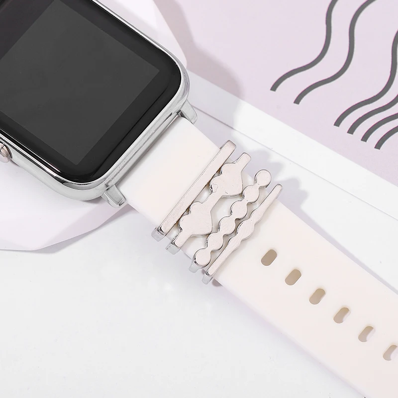 Watchband Charms for Silicone Strap Metal Round Heart Ring Set Decorative Charms for Apple Watch Strap Bracelet Jewelry Charm