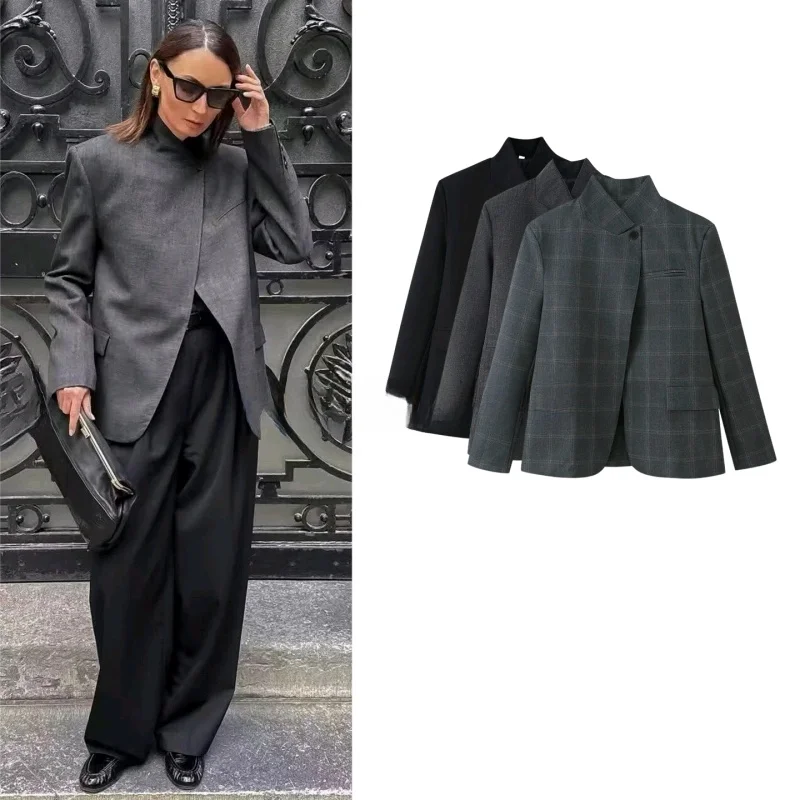 

Spring New Arrival Women's High Collar Long Sleeve Suit Jacket One Button Polyester Fiber Single Breasted Plaid Pattern