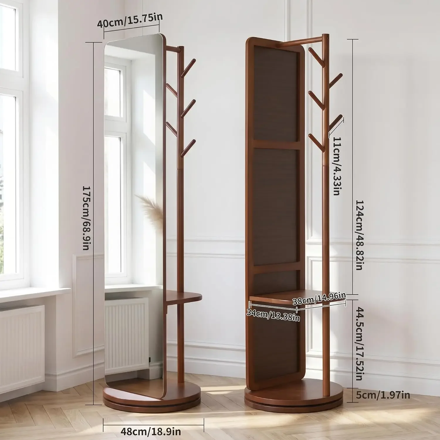 360° Rotating Full Length Mirror with Storage Shelves and Coat Rack Hooks 70