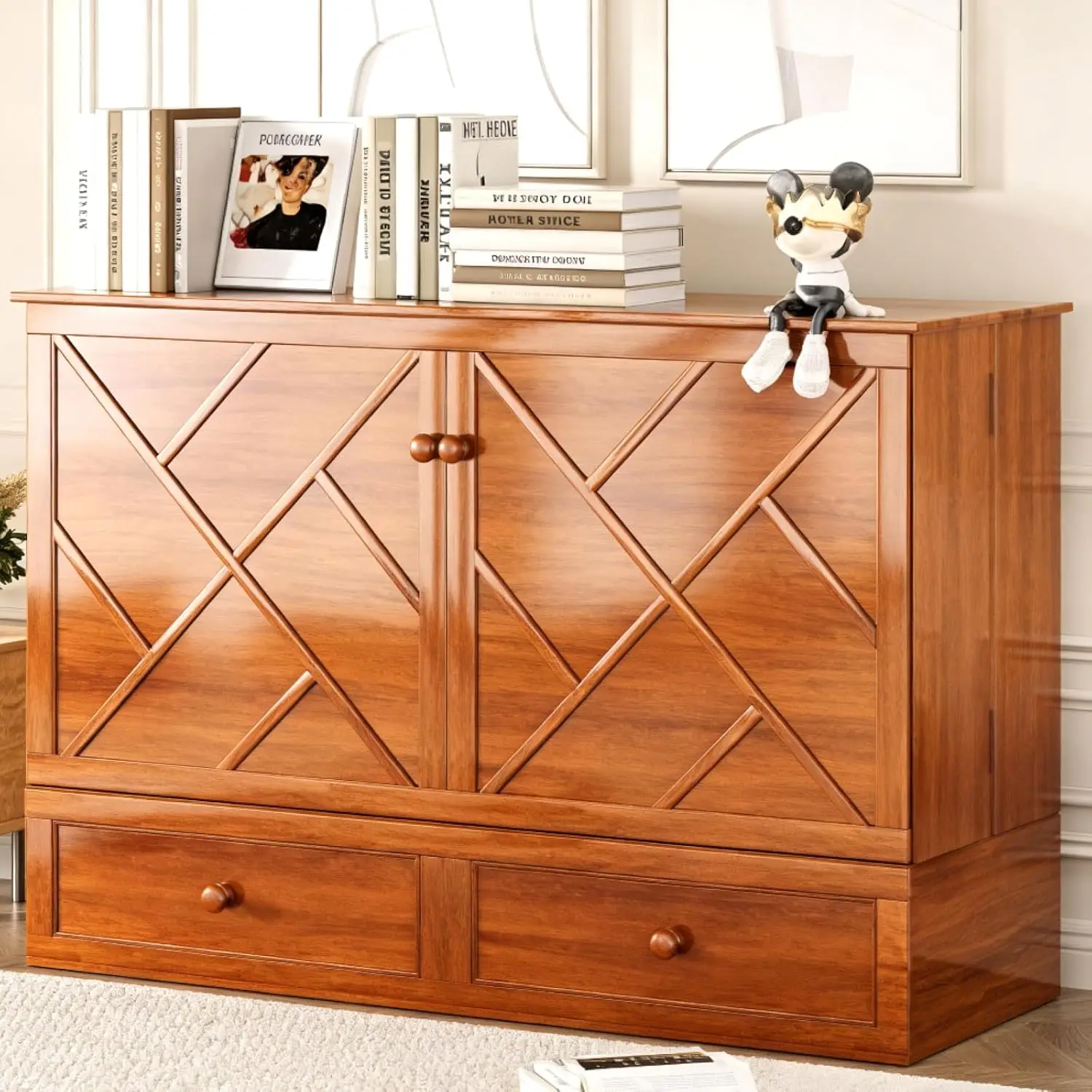 Murphy Bed Queen with Mattress Included, Cabinet Murphy Bed with USB Charging Station & Storage Drawer, Mobile Cube Murphy Cabin