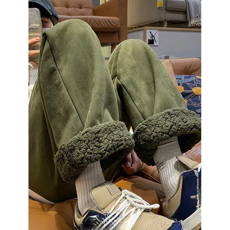 Women's Suede Thickened Straight Leg Pants Korean Style Wide Leg Autumn Winter New Student Fashion Casual Trousers