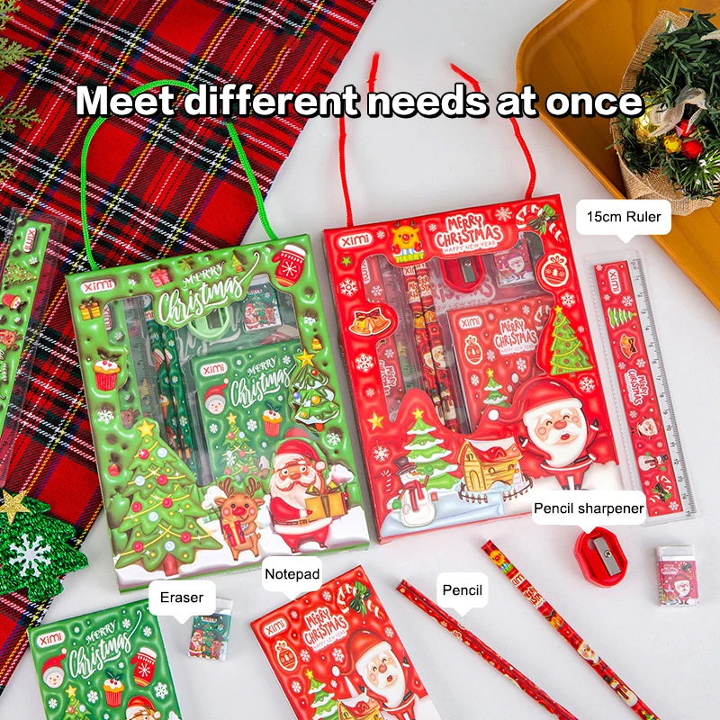 6 stks/set Kerst Briefpapier Set Geschenkdoos Potlood Gum Heerser Memo Puntenslijper Set Kerstcadeaus Voor Leerlingen