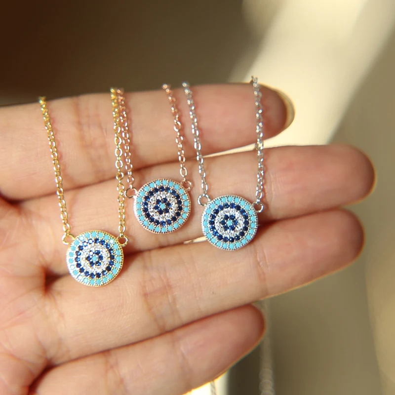 925 Sterling Silver Evil Eye Hamsa Cz Turquoises Paved Round Eyes Charm Pendant Necklace New Lucky Girls Fashion Jewelry