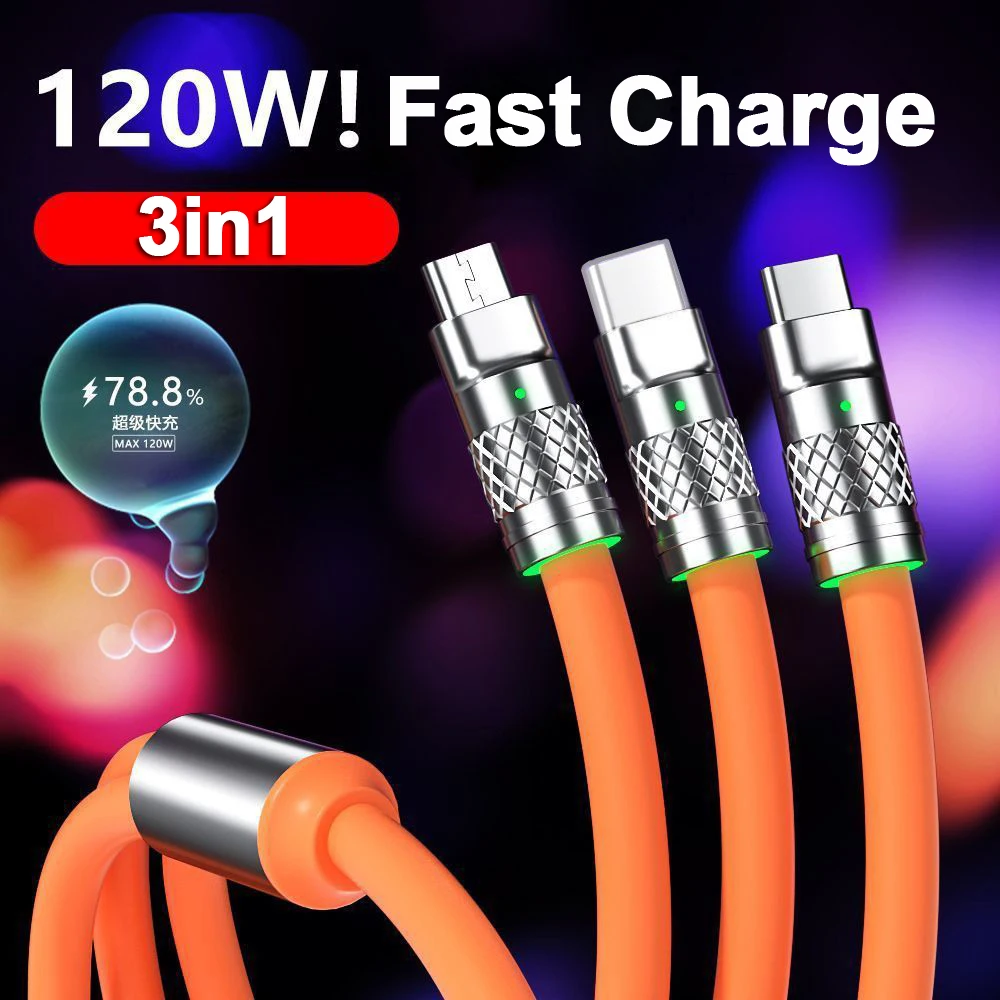 Câble Micro USB Type-C à 8 broches, chargeur rapide, 3 en 1, 2 en 1, Snap120 W, pour iPhone, Huawei, Samsung, Xiaomi