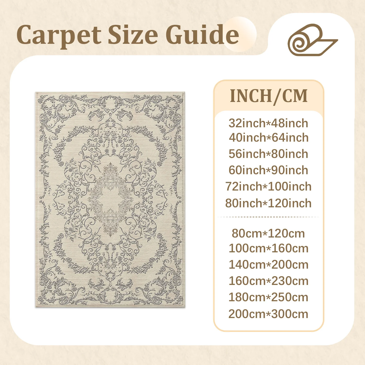 Large Indoor Area Rug, Soft Velvet Low Pile Rug with Non-Slip Dotted Backing, Machine Washable Vintage Ornate Scroll Pattern Rug for Living Room, Bedroom, Home Floor Decor