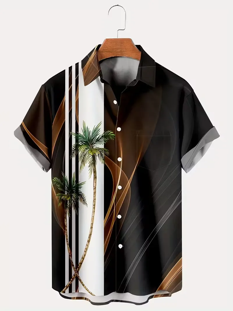 Men's Hawaiian Shirt with Tropical Leaf Pattern Button on Beach Cuban Short Sleeved Shirt