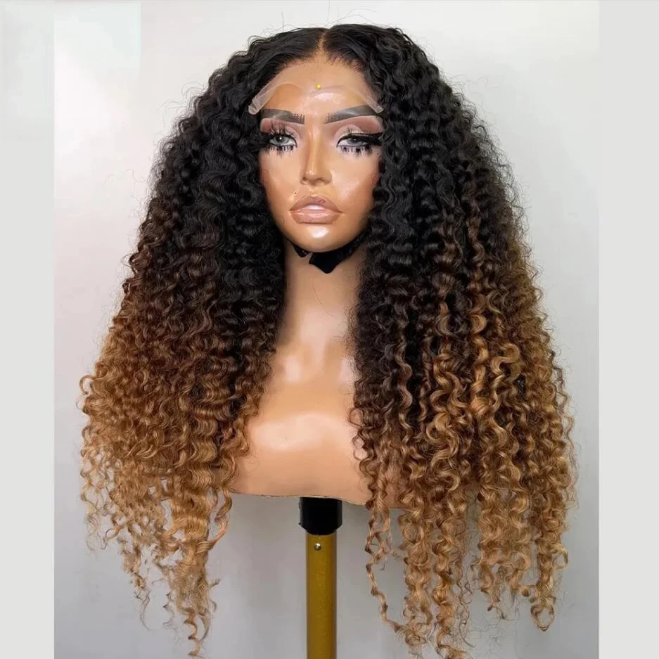 Ombre bionda marrone crespo riccio 26 "180 densità parrucca anteriore in pizzo per donne nere Babyhair resistente al calore prepizzicato sintetico