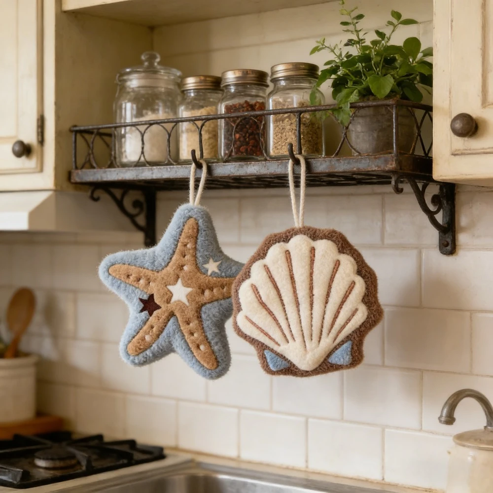 Starfish Shell Hanging Kitchen Towel Soft Absorbent Fluffy Hand Towel with Loop Kitchen Bathroom Decor Dish Cloth Multi Washable
