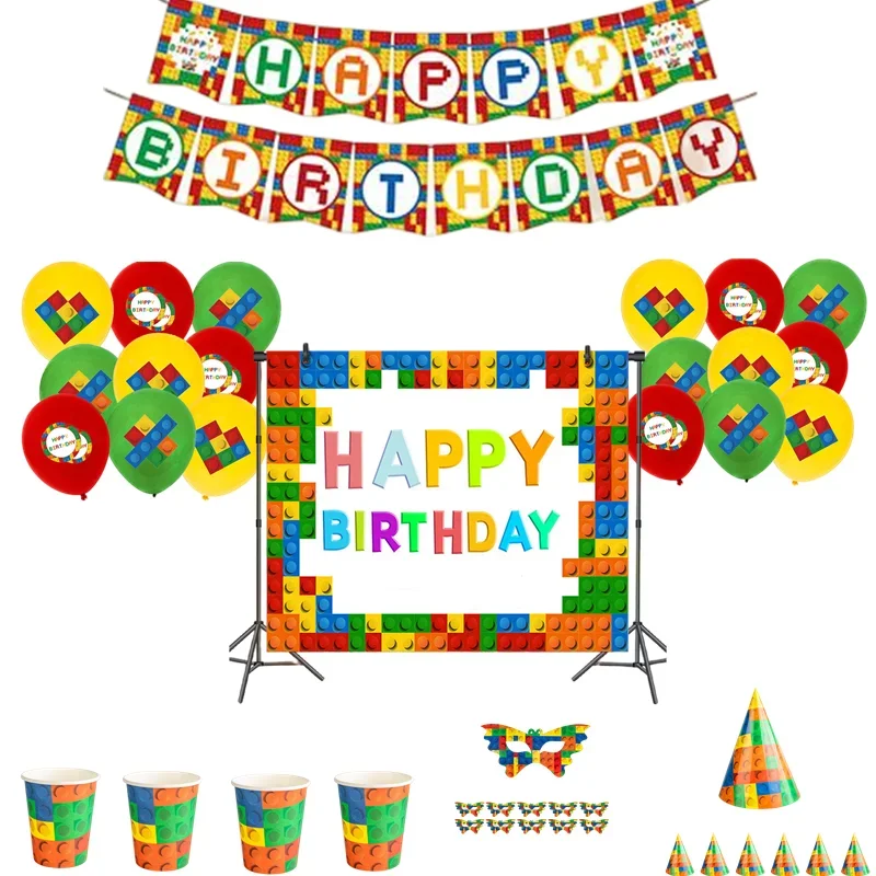 Building-blocks Kids Birthday Party Supplies Balloons Set Disposable Tableware Baby Shower Popcorn Box Tablecloth Kids Gifts