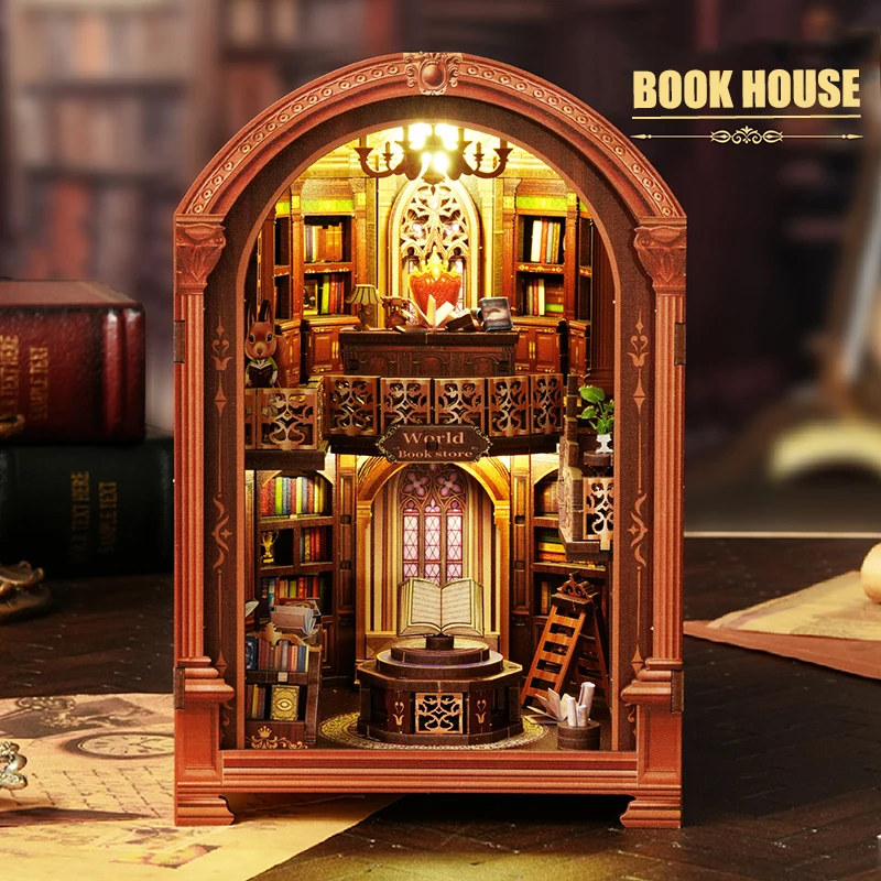 DIY 인형의 집 책 모서리 세계 서점 인형의 집 미니어처 가구 키트 3D 조립 장난감 어린이 성인 크리스마스 선물 카사