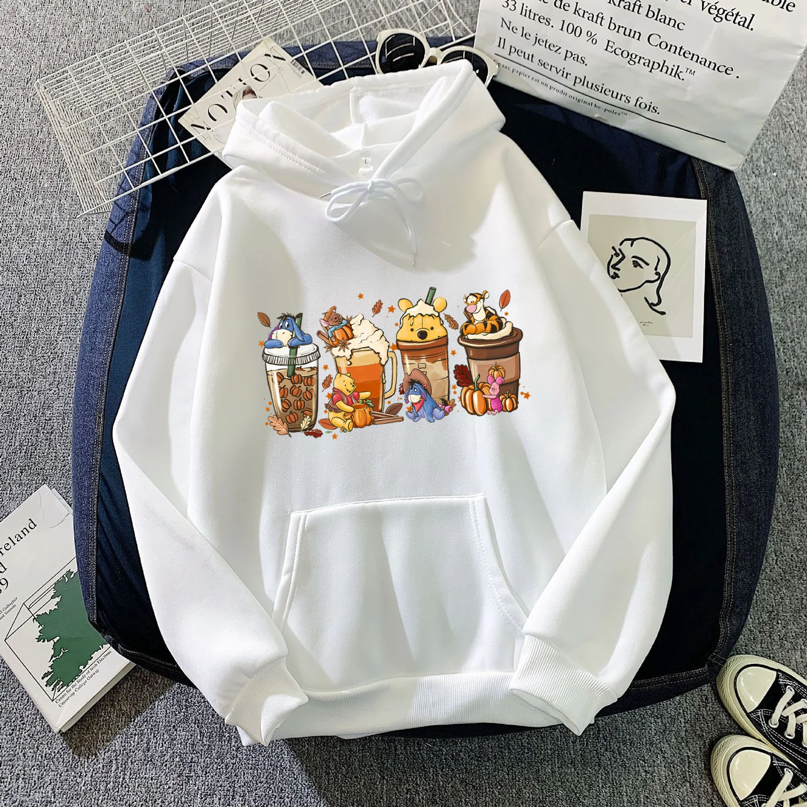 Women Fall Winnie the Pooh Coffee Print Pullovers Ladies Long Sleeves Halloween Sweatshirts Women Clothes Coffee Lover Tops